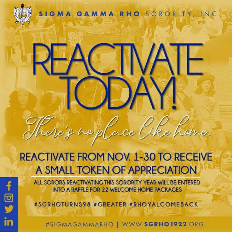 MsLika's tweet photo. THERE'S NO PLACE LIKE HOME....

If you are an inactive Soror of Sigma Gamma Rho Sorority, Inc., we want you to consider coming home to Sigma! 

If you have any questions about returning, please feel free to DM me or drop a __ in the comments below! I'll follow up with you ASAP! https://t.co/u3MfoJEWyS