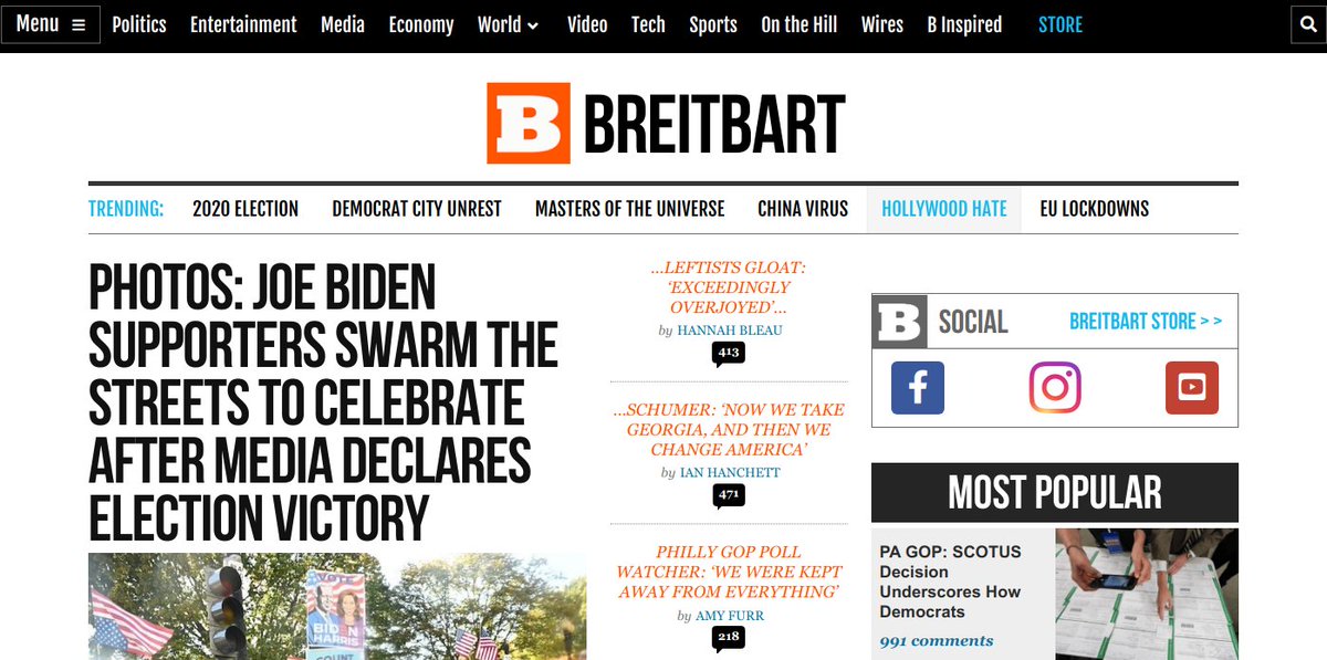 Here's Breitbart trying a passive-aggressive social distancing swipe about street celebrations after "media declares election victory"