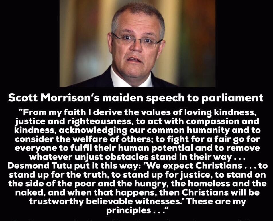 #DUMPmorrison!... 
#IneptPM!... a leader who has no sense of compassion or human rights yet pretends to be the very person he isn't is a fraud; therefore not the leader he promises to be.
The most vulnerable NEED:
#VoluntaryNOTmandatory!
#STOPtheCARD!
#LowIncomeAct!...
@Auspol