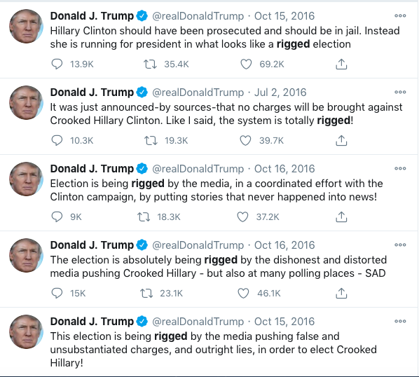 peterjharvey's tweet photo. You can see from #FakePresident @realDonaldTrump tweets in the run-up to #USElection2016 how he paved the way to cry victim if he lost. https://t.co/qusdErMyRQ