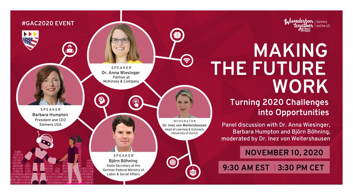 Harvard_GAC's tweet photo. Join us in 3 days for Making the Future Work: Turning 2020 Challenges into Opportunities! 
Moderator @InezvW speaks with @BoehningB, @SiemensUS_CEO, and @annawies on Tues 10 Nov (9:30am EST / 3:30pm CET) 
RVSP:
https://t.co/KYXgmDlKRI
#GAC2020 @wunderbar2gethr  @EuropeAtHarvard https://t.co/qymOjP6Esa