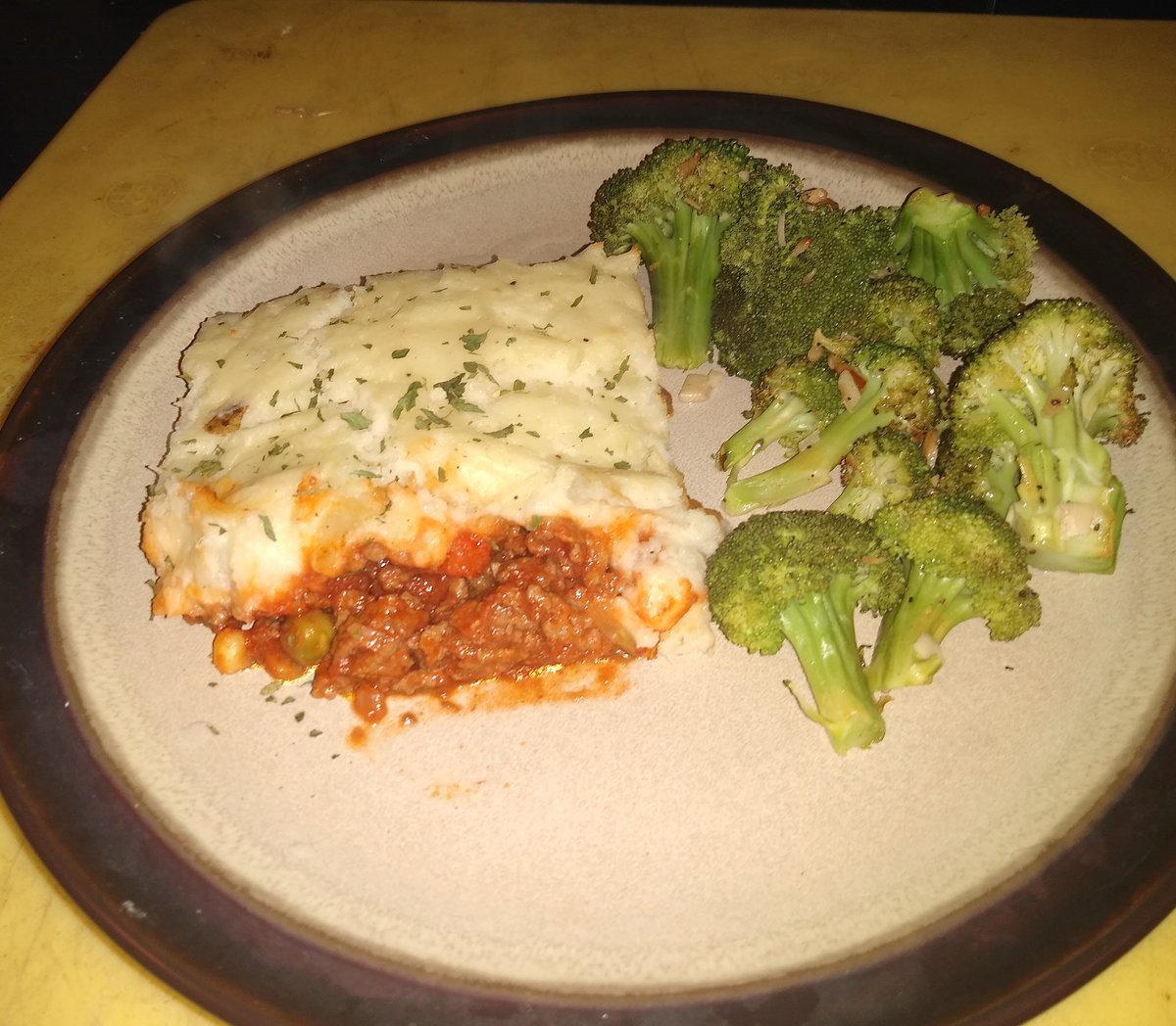 Cottage Pie and Roast Garlic Broccoli