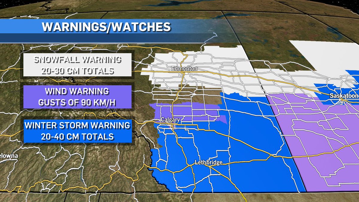 Dangerous driving conditions across southern AB tonight and tomorrow. Heavy snow with wind gusts of 60-90 km/h could reduce visibility causing blizzard-like conditions. Calgary and central areas may see lesser totals of 5-10 cm, but blowing snow will be the main concern #ABStorm