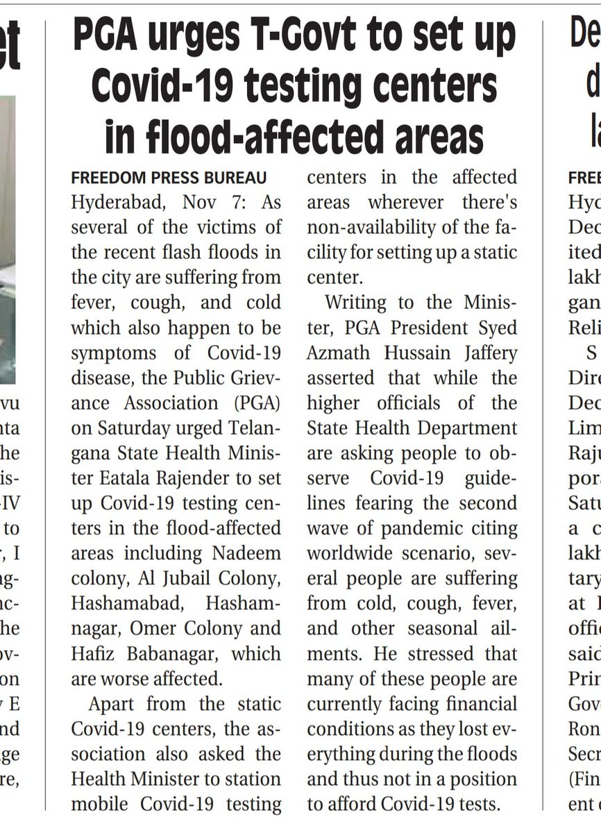 PGA urges T-Govt to set up COVID-19 testing centers in flood-affected areas.@pavanmirror @DeccanChronicle @TOIHyderabad @ZC_Charminar @GHMCOnline @CommissionrGHMC @thesiasattv @TV9Telugu @SakshiHDTV @syedkaz00151507 @HyderAliHashmii @imAkbarOwaisi