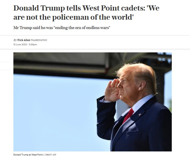 Trump anggap campur tangan US di Timur Tengah tak mendatangkan manfaat: "We are NOT the policemen of the world." Liberal internationalist campur tangan sebab "demokrasi". Neocon campur tangan sebab minyak. Trump tak minat sebar demokrasi, dan US kini pengeluar minyak no. 1.