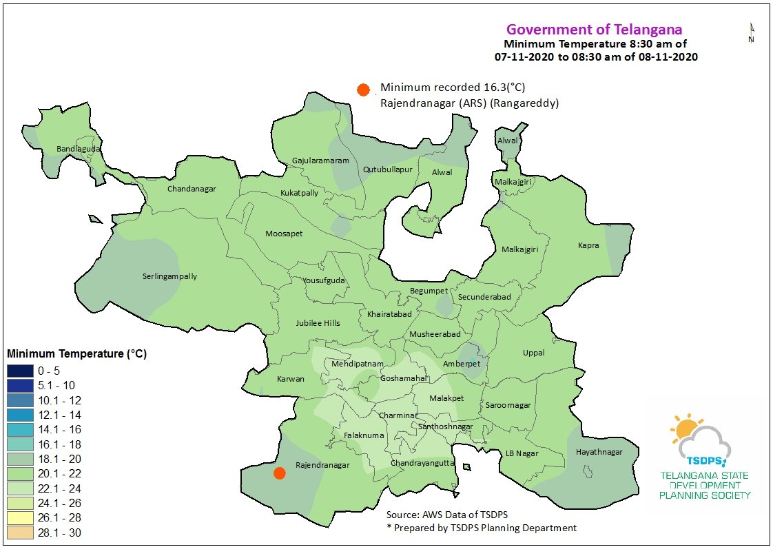 Hyderabadrains's tweet photo. #GHMC #8NOV2020
Last 24Hrs Min.Temperature Recorded in RAJENDRANAGAR-->16.3°
RC PURAM : 16.9°
BEGUMPET: 17.5°
Temperatures likely to reduce next 3Days ,Isolated places may record 10-12°
#Hyderabad @Rajani_Weather @WeatherBrother @weatherindiaoff https://t.co/jSL9856DQX