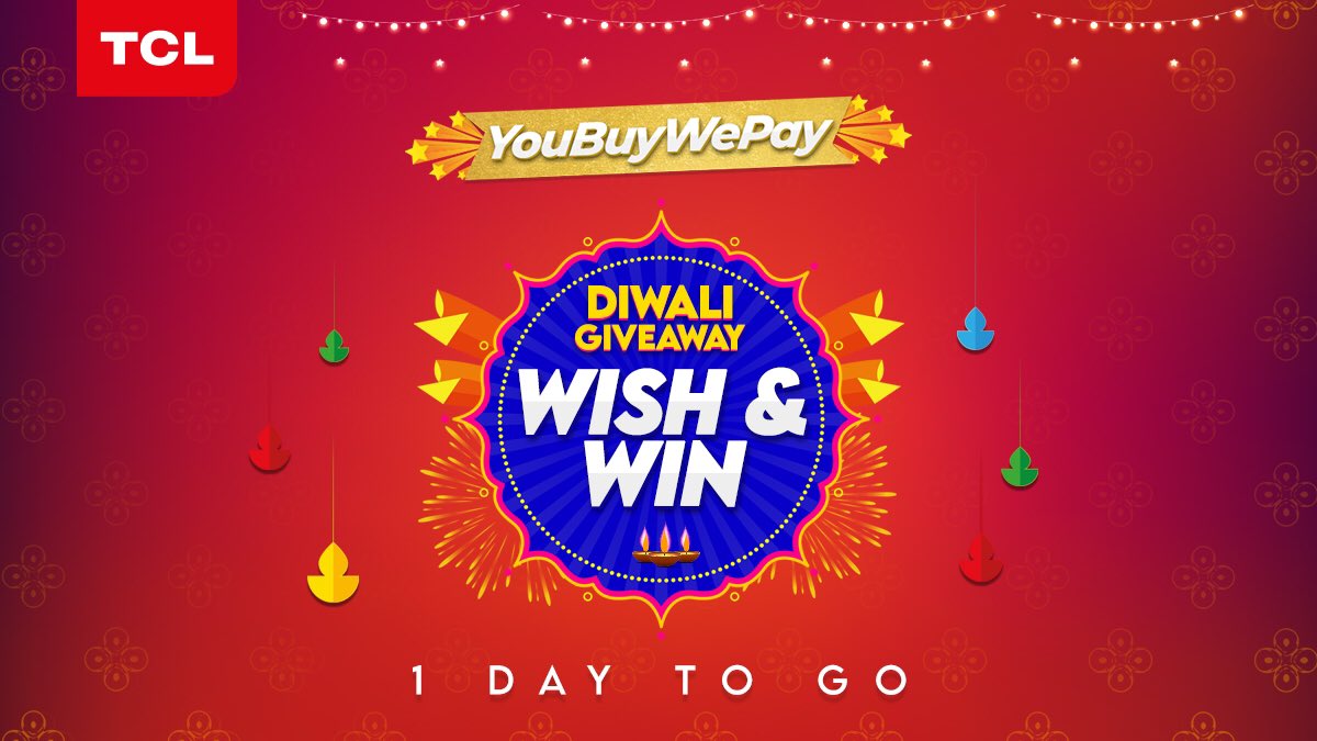 tcl_india's tweet photo. #YouBuyWePay Wish&amp;Win is just a day away!

The wait is almost over for your wish to come true this Diwali, with TCL! Tag your friends to get ready for Wish &amp; Win and keep your wishes well prepared. Exciting TCL products to be won.

Know more: https://t.co/0ImbJfW8mL https://t.co/kwTa4OCha8