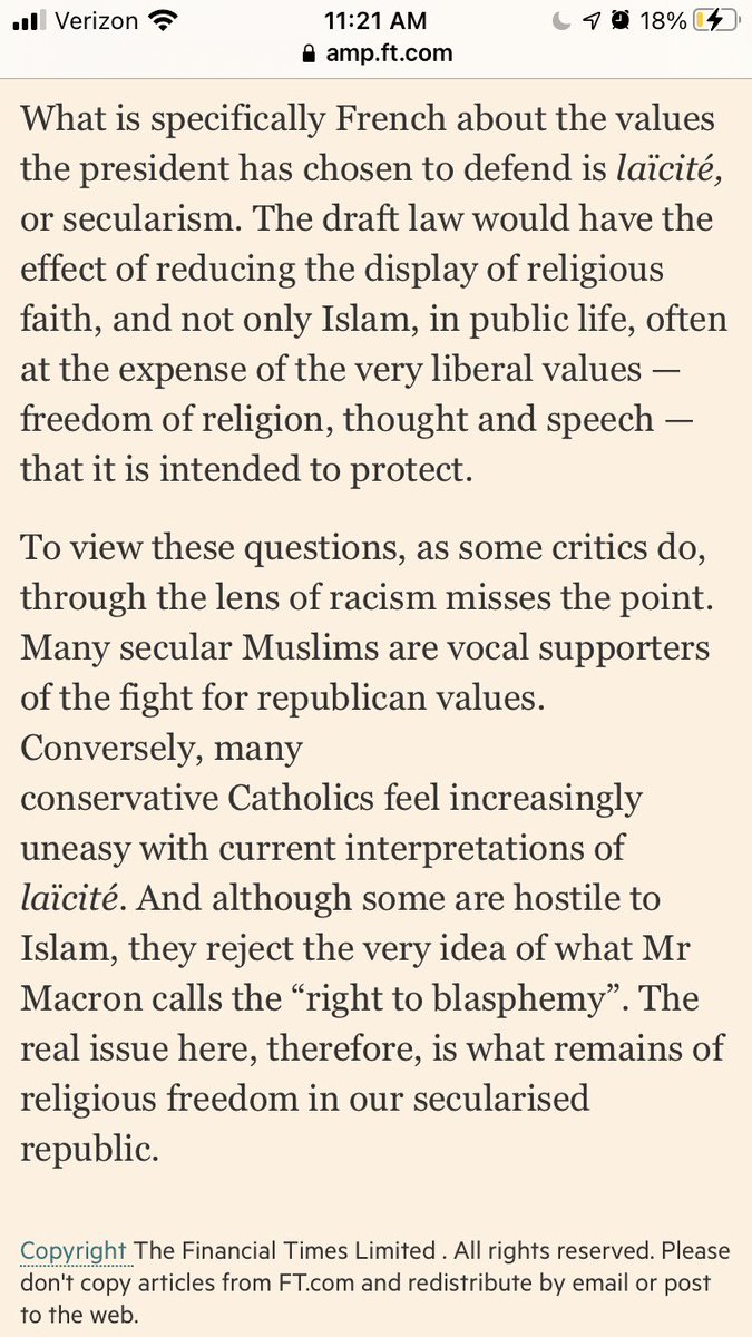 Olivier Roy points out that many secular Muslims in France support Macron’s defense of Republican values while many conservative Catholics oppose it. https://www.ft.com/content/1f2f66c9-ce39-47dd-a1e9-a8687ff8ee2c