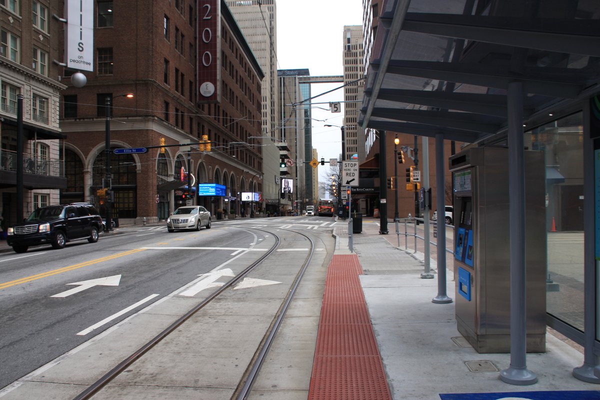 First order of business: a ride on the Atlanta Streetcar's single-track counter-clockwise downtown loop, which opened in 2014. Here is the Peachtree Center stop.