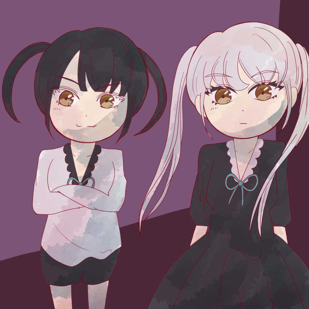 彩り風船 練習 白黒双子ちゃん オリジナルイラスト 双子