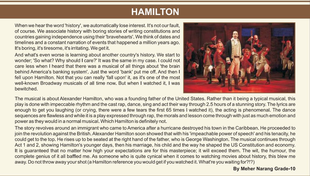 A review of <a href="/HamiltonMusical/">Hamilton</a> by my daughter Meher for her school newsletter. Love this more than the musical itself. 
#Hamilton <a href="/Lin_Manuel/">Lin-Manuel Miranda</a> 
<a href="/divsnarang/">divs ♍️🧶</a>