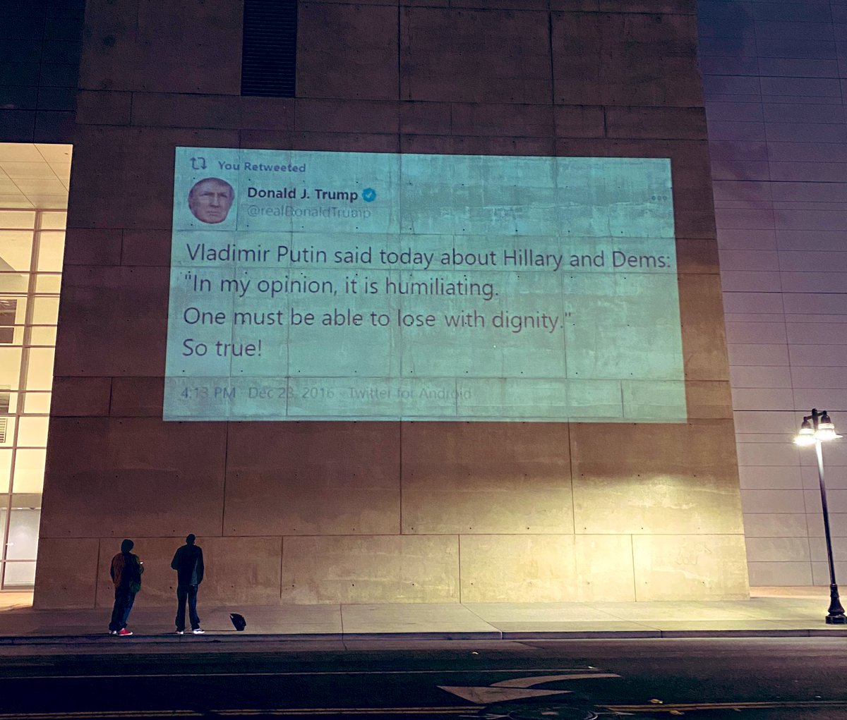 AEMarling's tweet photo. Projected at San Jose City Hall, along with my new favorite tweet by the Useful Idiot.
#TraitorTrump #LockHumUp https://t.co/3N2CDnlbAl