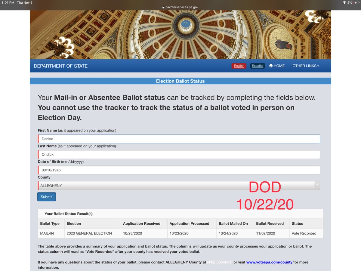 CLewandowski_'s tweet photo. https://t.co/5lMtP1SnfL. Died on 10/22/20. Application to vote received: 10/23/20. County mailed ballot out 10/24/20. Ballot received back at the county on 11/2/20. Vote recorded. Media do your job. https://t.co/x9Ixondb7X