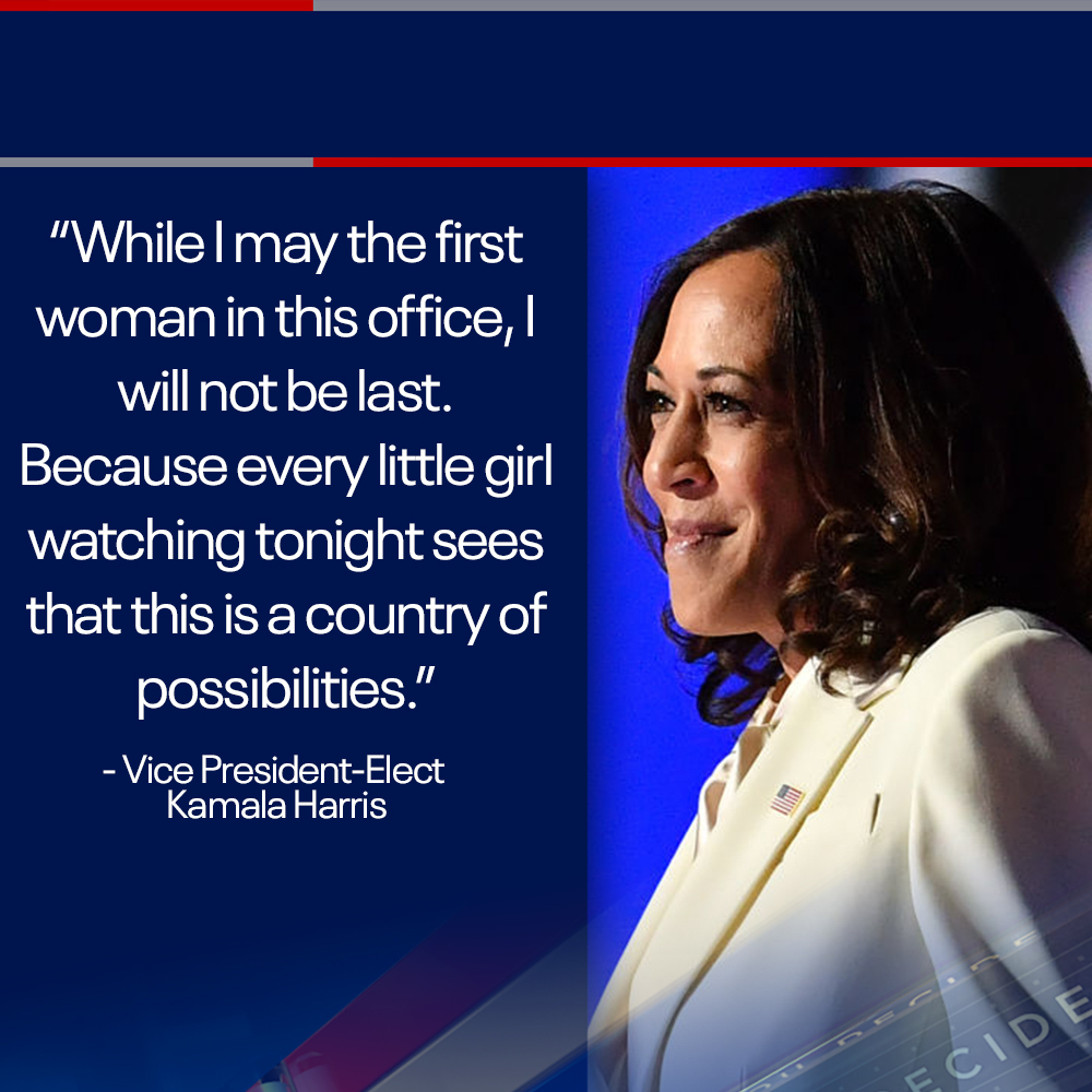 KTVU's tweet photo. 🇺🇸 "While I may be the first woman in this office, I will not be the last. Because every little girl watching tonight sees that this is a country of possibilities." https://t.co/ih2zIVCdJZ https://t.co/1oTPZnY9KZ
