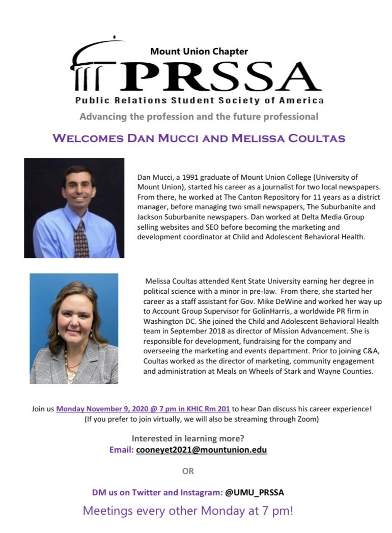 UMU_PRSSA's tweet photo. PR PEEPS ‼️‼️‼️‼️ Monday evening at 7 pm we will have TWO speakers from Child and Adolescent Behavioral Health. 🩺 Tune in via Zoom or stop by KHIC room 201 to network with these fine professionals! 💻💜 #PRoud #PRHealth #bethereorbesquare https://t.co/9ouT417szM