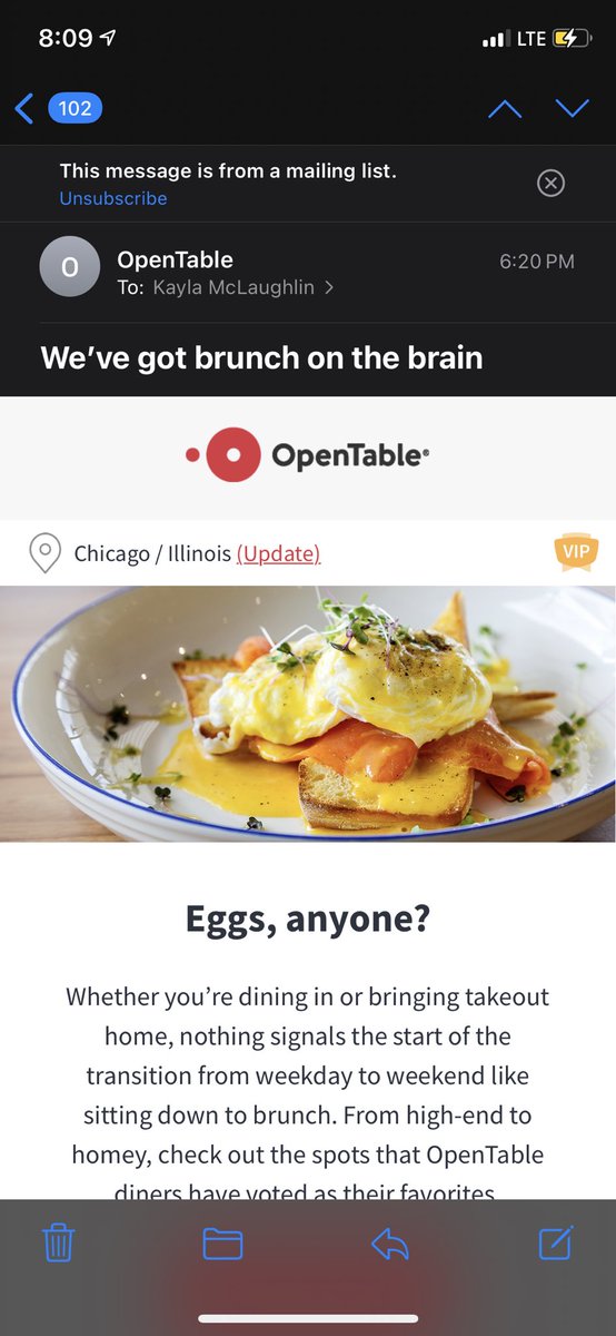 kaylamcl's tweet photo. @nickkokonas reasons I’m grateful for @Tock...useless email. No suggestions. Literally just a stock photo of an egg. And a dumb subject line. https://t.co/dr9bAb9BmP