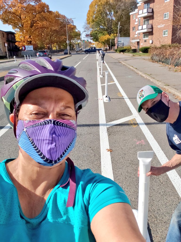 mattapanviv's tweet photo. Met Quincy folks biking. Chatted about the #Neponset trail & @QuincyclesMA and then they told me: BIDEN WON!!
News only got better when I saw @BostonBTD crew working on the 1st protected bike lanes in #Mattapan! 🚲💜
#TaketheHwyOuttaCummins
#LotstoCelebrate
#Gr8NewsDay
#NewPrez https://t.co/bGjNte7yOt