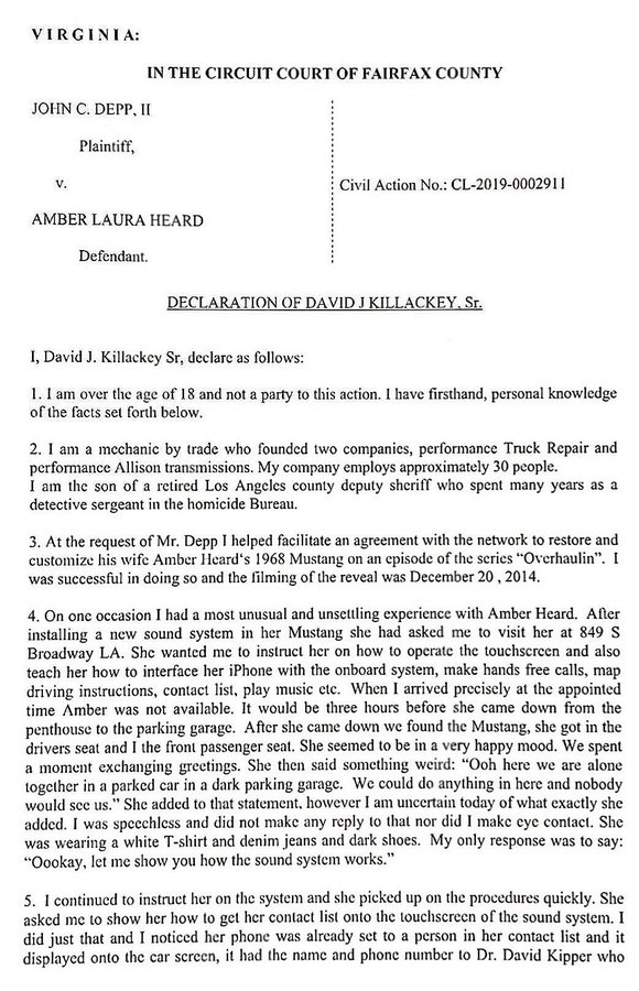 SuperDopeJax's tweet photo. This is the declaration of David Killackey, a mechanic who worked on Amber Heard's "Overhaulin" Mustang. #AmberHeardIsAnAbuser #JusticeForJohnnyDepp https://t.co/LGtOtTvIi3