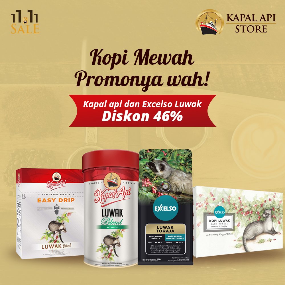 kapalapistore's tweet photo. Siapa yang gak tau kopi Luwak? Sudah pernah coba? Kalau belum kamu harus cek Kapal Api Store karena semua kopi luwak dari Kapal Api dan Excelso lagi diskon 46%! Beli sekarang! #BelanjaDiKAStore #KapalApiStore
.
#11.11sale #sale #diskon #promo #promoid https://t.co/AnvEA13Y6x