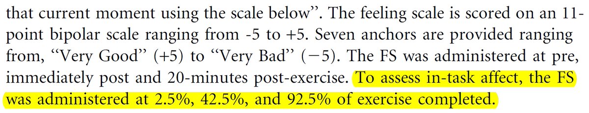 There are 2 versions of this. One asks people how they feel AFTER the high-intensity interval, when they feel the rush of relief of the first seconds of recovery. The more extreme version asks people how they feel halfway into the interval, thus cutting the negative peak in half.