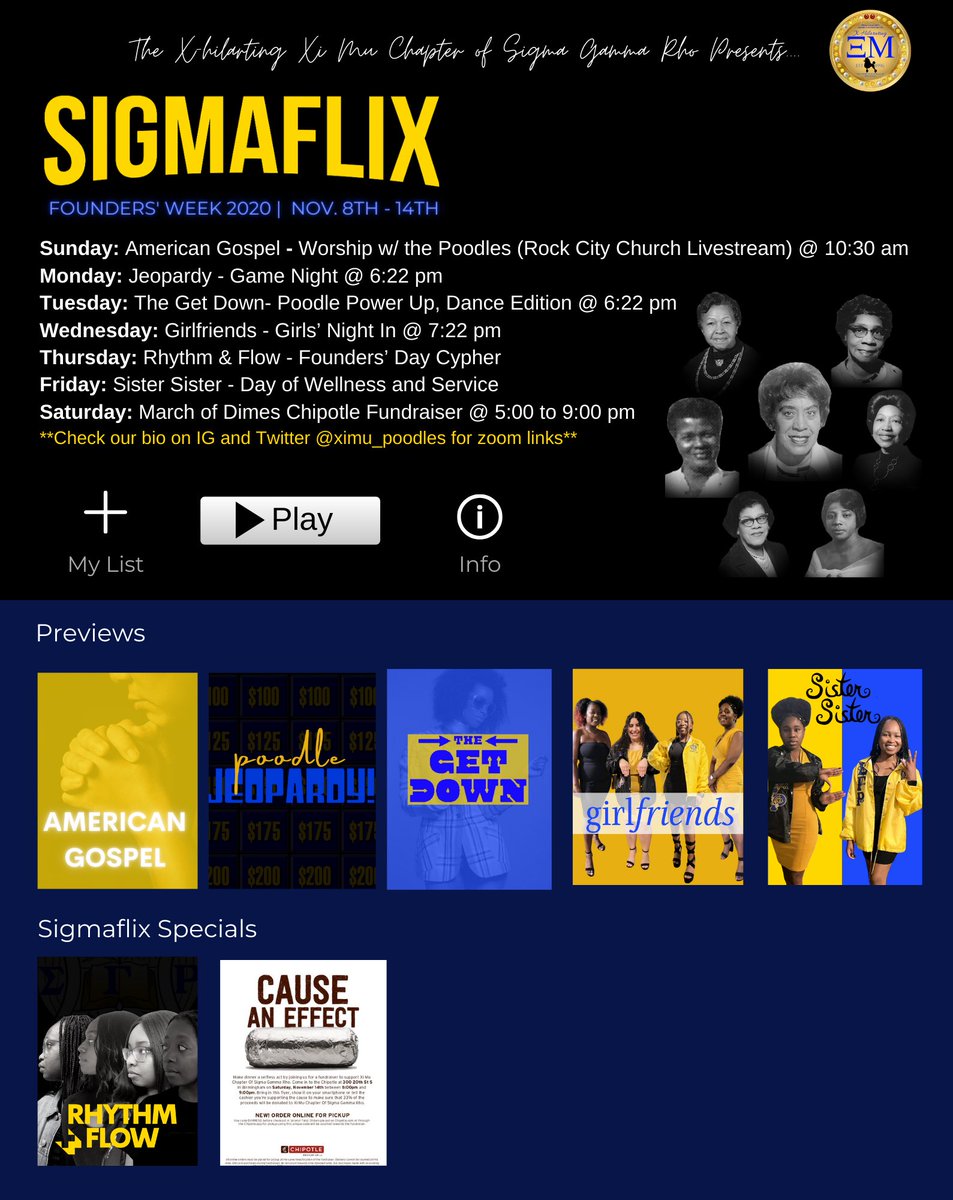 XiMu_Poodles's tweet photo. SIGMAflix is now streaming 📺 Join the X-Hilarating Xi Mu Chapter of Sigma Gamma Rho this week for our Founders’ Week 🐩. Links to each event can be found in our bio (@ximu_poodles). Make sure you tune in to each episode!
#Sigmaflix #SigmaGammaRho #XiMuBred #Service https://t.co/aPrYvq6Ngf