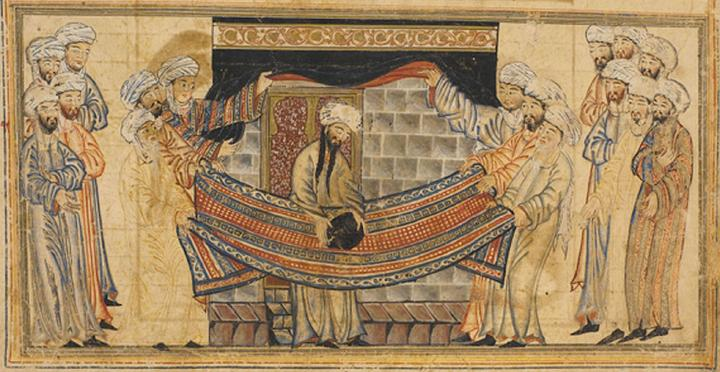 Muhammed solves a dispute over lifting the black stone into position at the Kaaba. Miniature illustration on vellum from the book Jami' al-Tawarikh, by Rashid al-Din, published in Tabriz, Persia, 1307 A.D. Now in the collection of the Edinburgh University Library, Scotland.
