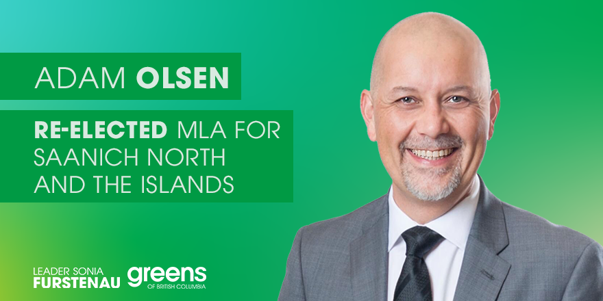 BCGreens's tweet photo. Following the count of the remaining ballots, @AdamPOlsen has been re-elected as MLA for Saanich North and the Islands, winning with 51.97% and a total of 17,897 votes. Congratulations, Adam! #votegreenbc #BCelxn2020 #BCvotes2020 #bcpoli https://t.co/83JmJNA5p4