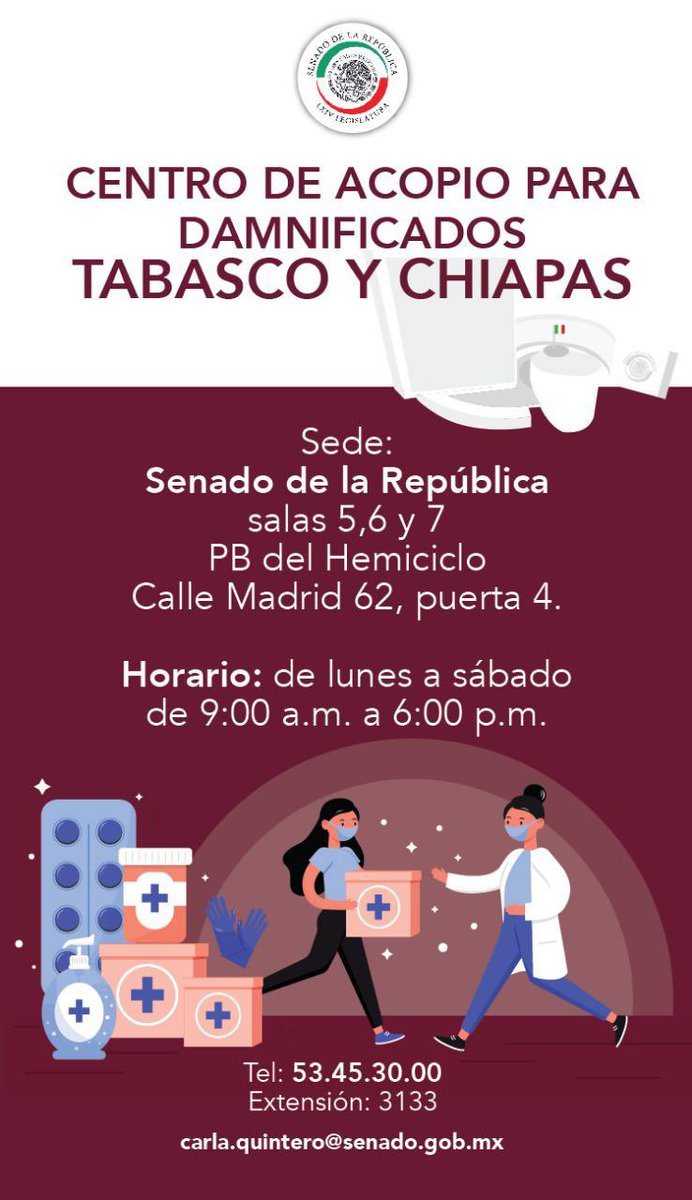 monicaferbal's tweet photo. Paisan@s y amig@s en la #CDMX, unámonos para ayudar a los afectados por los frentes fríos en #Tabasco y #Chiapas. 
🇲🇽 El @senadomexicano es #CentroDeAcopio, seamos solidarios con las miles de familias afectadas 🙌🏻.

@MorenaSenadores https://t.co/cjOeZpdRQa