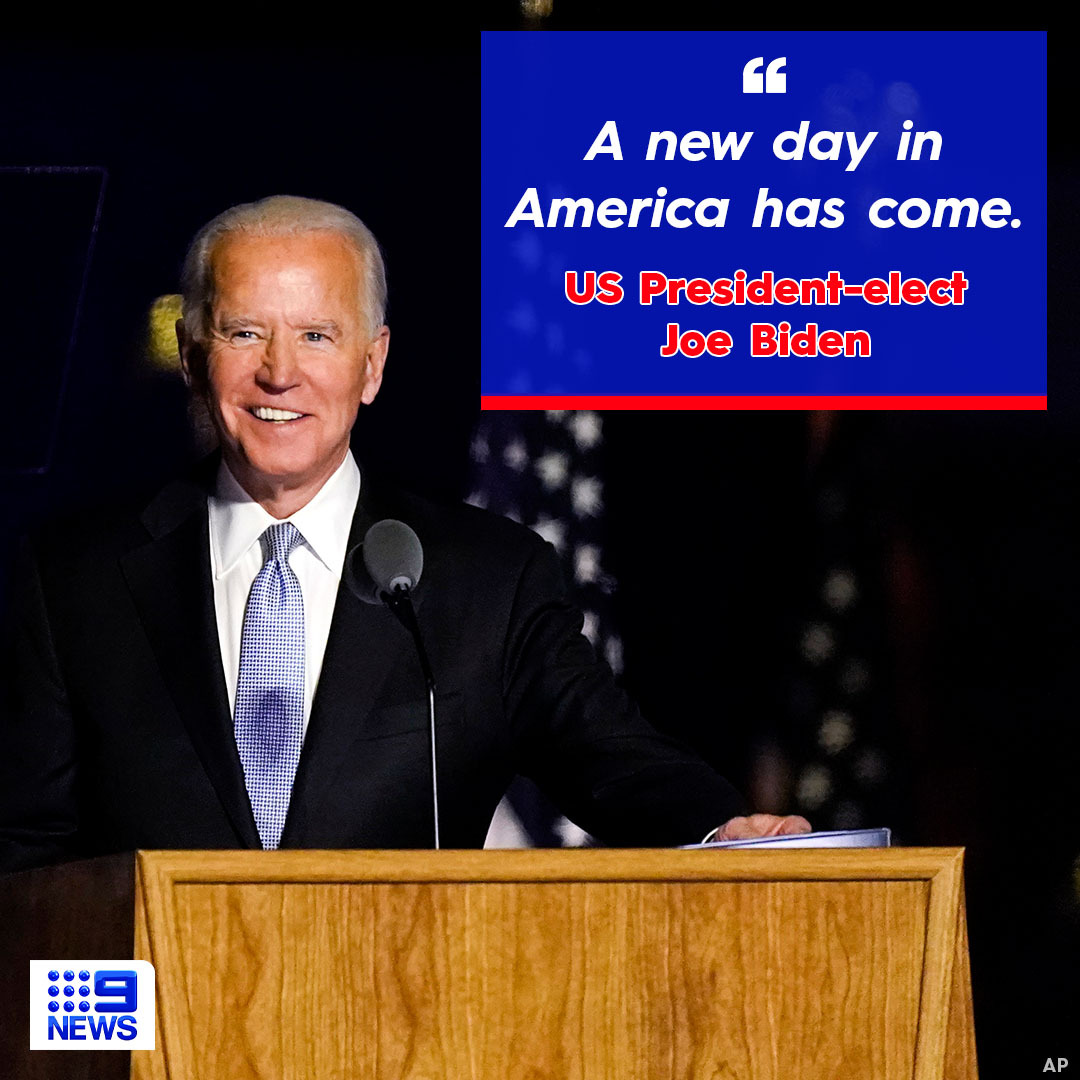 TheTodayShow's tweet photo. Joe Biden is the 46th President-elect of the United States. 

He said he’d seek to unify the nation, and be a President "who doesn't see red states and blue states, only the United States." #Election2020 #9Today https://t.co/HWCZck2Zvc