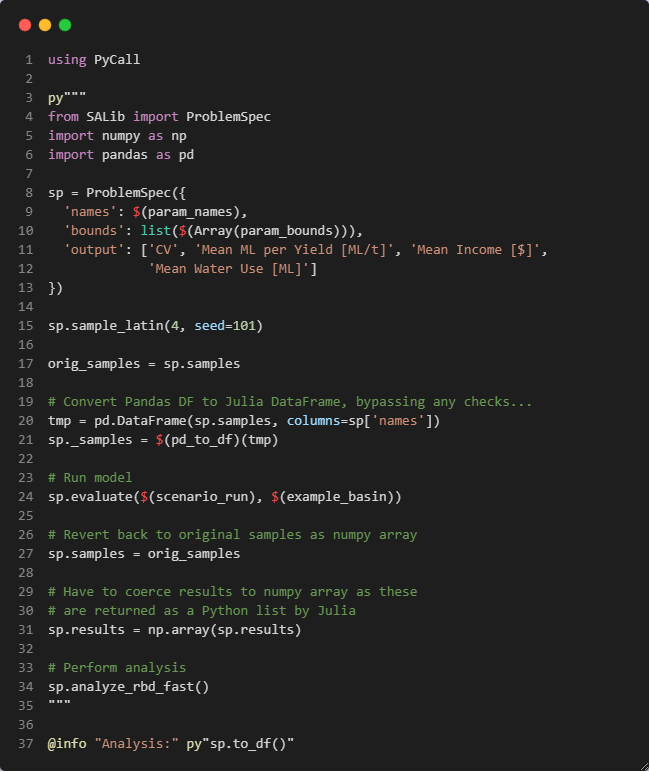 TakuyaIwanaga's tweet photo. Working on my agricultural management model written in #Julialang but want to use #SALib for #sensitivityanalysis
Had to hack around SALib v1.4-dev to get things working but amazing how ridiculously easy it is to interact with #Python from #Julialang (with #PyCall) https://t.co/bHnAZpdmG9
