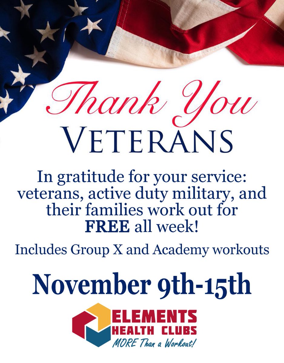 Elements_E5's tweet photo. Elements Health Clubs wants to honor military service November 9th to November 15th:
Starting Monday; Veterans, Active Duty Military, and their Families work out for free all week!
.
This free trial includes Group and Academy classes as well.
#VeteransDay2020 #Veteransday #gyms https://t.co/LyRya0HlOS