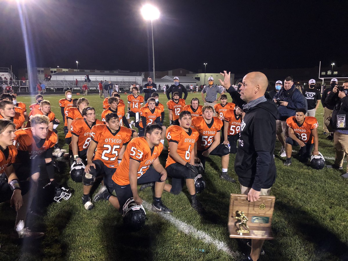 Otsego_HS's tweet photo. Way to go @Otsego_Football Div. 5 state Final Four! #TheOtsegoKnights so proud of the team, the students @AthleticsOts and the community. What a special run. #OneHeartbeat Go, Knights! https://t.co/YZQphIlchi