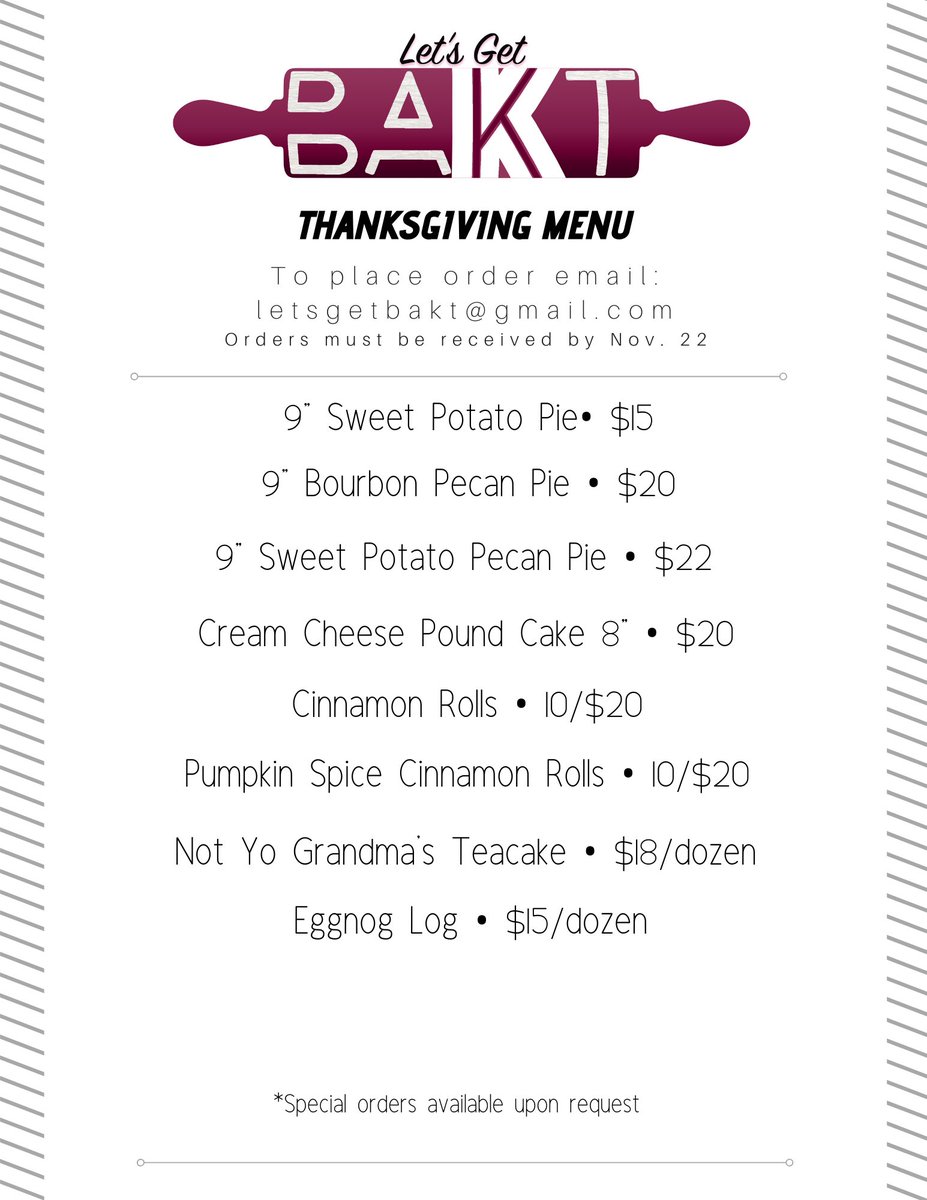 s_bakt's tweet photo. It’s been a while but we are here with the Thanksgiving menu! Place your order by November 22nd. #letsgetbakt #givethanks #fall2020 https://t.co/tW151WFPXv