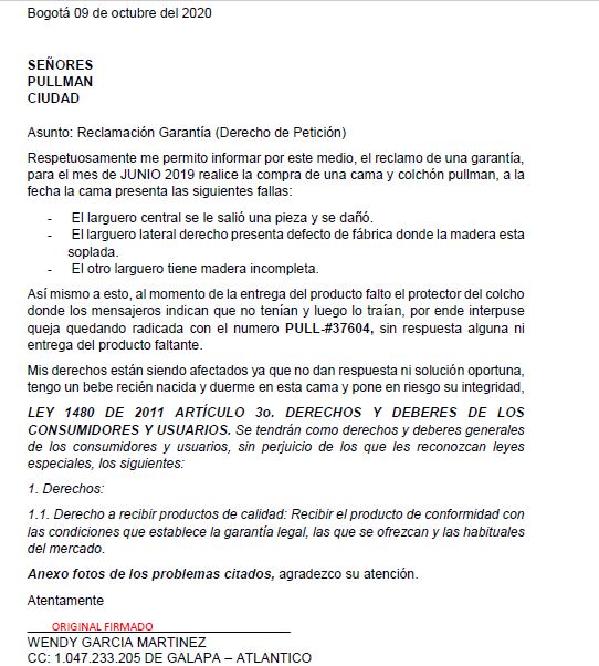 wendyga85095610's tweet photo. @Sicresponde 1 de 2 radique derecho de petición para reclamar la garantía de una cama comprada hace 5 meses en la empresa COLCHONES PULLMAN en la ciudad de Bogotá, y no responde, a demás de esto entregaron el producto incompleto, siendo VICTIMA FATAL de publicidad engañosa https://t.co/oNE5L29SPr