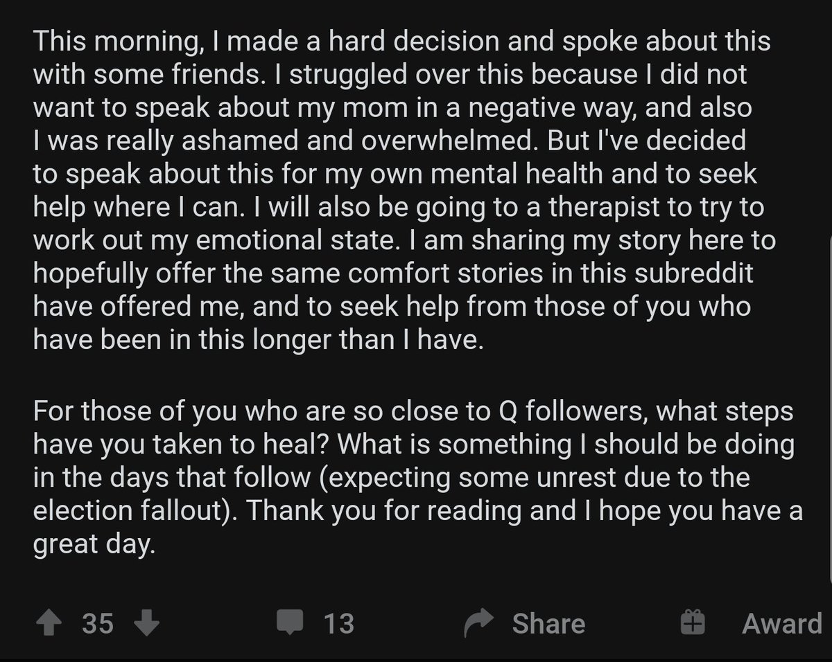 More people need to read the stories of QAnon friends and families. No election, no arrests, no violence, no peace will undo the harm caused by QAnon to the social fabric over 3 years.