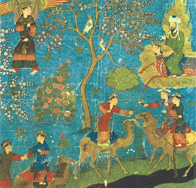Muhammed visiting Paradise while riding Buraq, accompanied by the Angel Gabriel. Below them, riding camels, are the houris of Paradise (the "virgins" promised to heroes and martyrs). 15th century, from a manuscript entitled Miraj Nama, - Bibliotheque Nationale, Paris.
