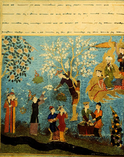 Muhammed, flying over Paradise, looks at the houris harvesting flowers and enjoying themselves. Persian, 15th century