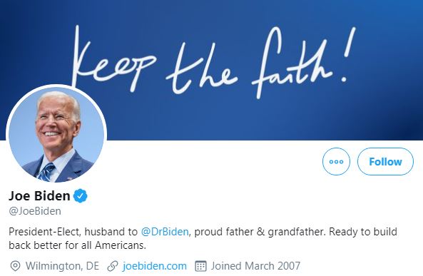 24) And here's  #JoeBiden, who dinkum thinks he's the Big Enchilada now. IMO his glee will be short-lived. In any case, note how his backdrop also says "keep the faith". And it's blue and white. Globalist control freaks bonded by cult. This colour combo is main motif.