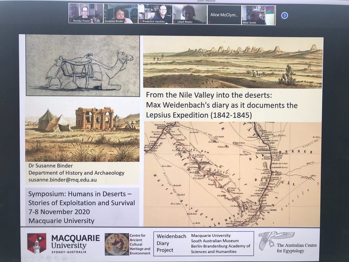 RKP_Industries's tweet photo. Our next speaker is Susanne Binder from @AncientHistMQ, taking us “From the Nile Valley into the deserts: Max Weidenbach’s diary as it documents the Lepsius Expedition (1842-1845)”, #Egypt, for the @cachemq Symposium - ‘Humans in Deserts: Stories of Exploitation and Survival’. https://t.co/MtqFXhByVT