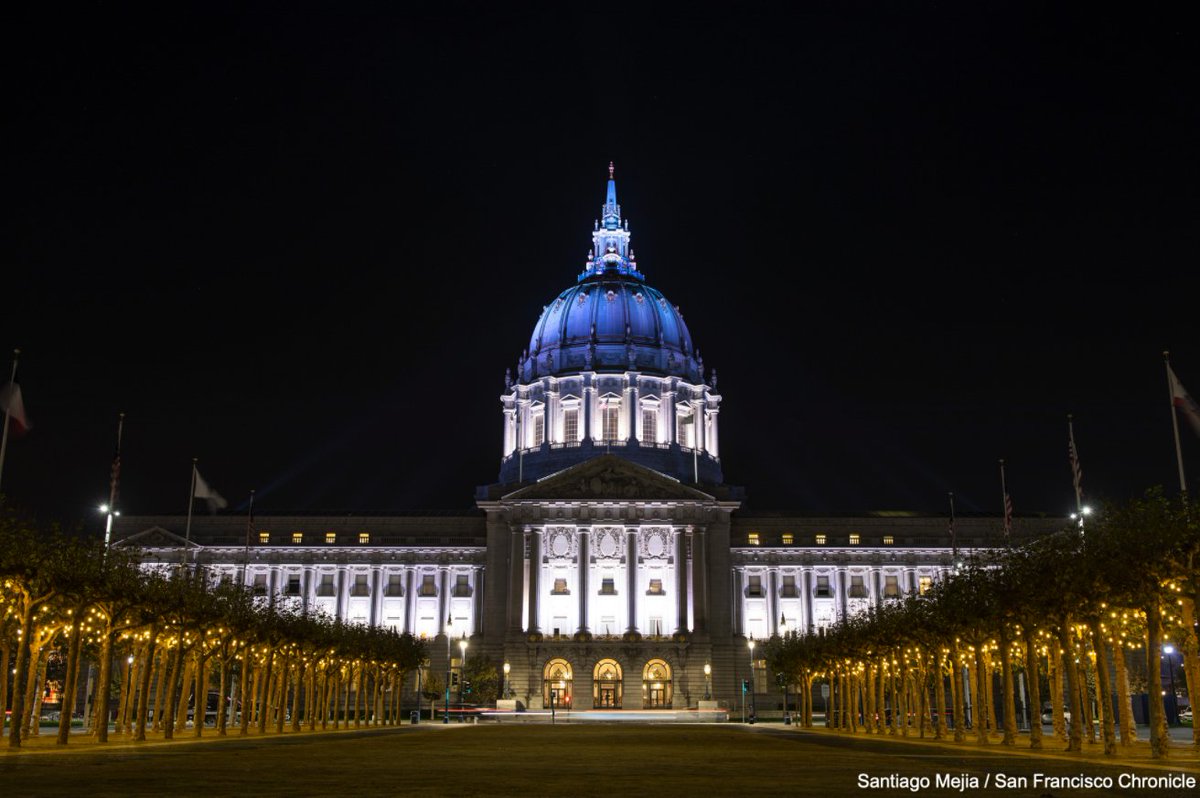 San Francisco City Hall was lit blue Saturday night, after President-elect Joe Biden and Vice President-elect Kamala Harris declared victory. trib.al/Ov27u6M