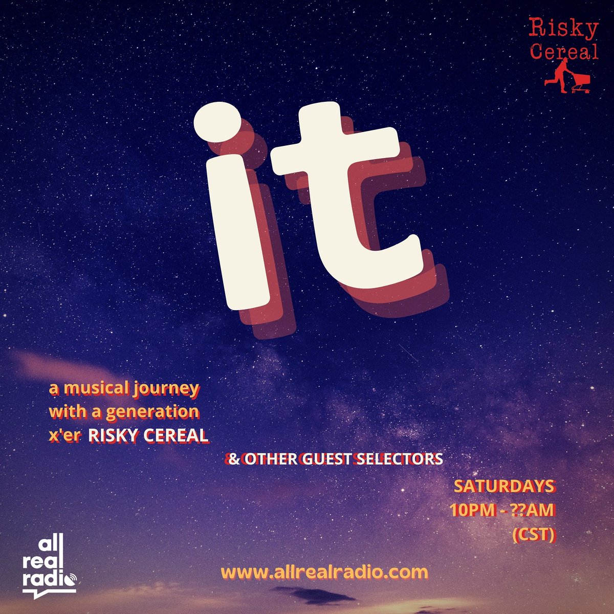 AllRealradio's tweet photo. It @riskycereal
a musical journey with a generation x'er
Sat 10pm - till (cst)
@allrealradio
https://t.co/rz5hZUJkrn
download our app
guest music selectors weekly
#riskycereal #riskycerealfilms #IT #afterhours #musicselector #allrealradio #allreallifestyle https://t.co/SsXmzuIyND