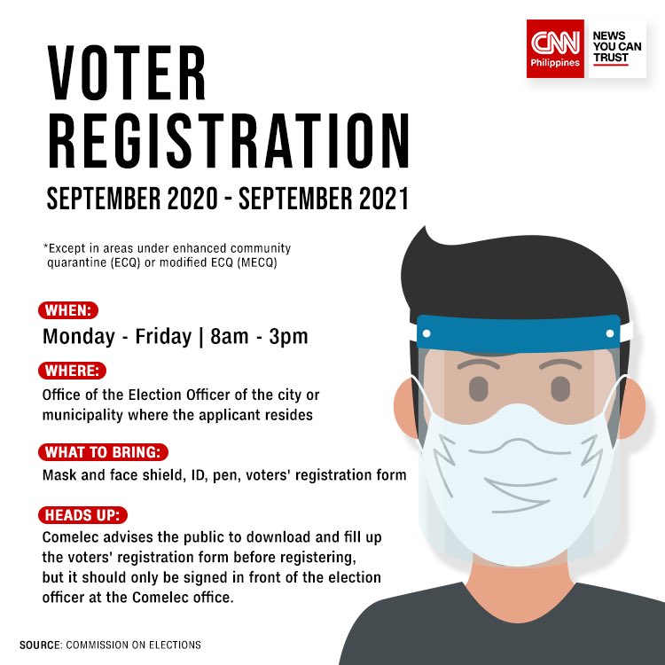 newswatchplusph's tweet photo. Heads up! Beginning tomorrow, voter registration 🗳 will be from Mondays to Fridays to allow for disinfection of @COMELEC offices on Saturdays. 

The previous schedule was from Tuesdays to Saturdays https://t.co/tqRYlRbntl https://t.co/5xwdoLl9eR