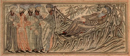 Prophet Muhammed on his deathbed. Miniature illustration on vellum from the book Jami' al-Tawarikh, by Rashid al-Din, published in Tabriz, Persia, 307 A.D. Now in the collection of the Edinburgh University Library, Scotland.