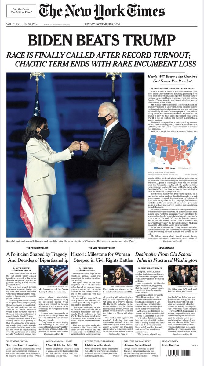 History’s page: tomorrow’s <a href="/nytimes/">The New York Times</a> on historic US #Election2020 result. With image of President- and VPresident-elect in masks and fist-bumping - as <a href="/JoeBiden/">Joe Biden</a> pledges tackling #coronavirus will be a top priority. Latest on #7NEWS.