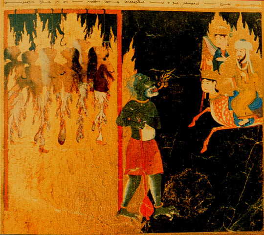 Prophet Muhammed, along with Buraq and Gabriel, visits Hell and sees demons punishing women for various transgressions by hanging them with hooks through their tongues and breasts in fire. Persian, 15th century.