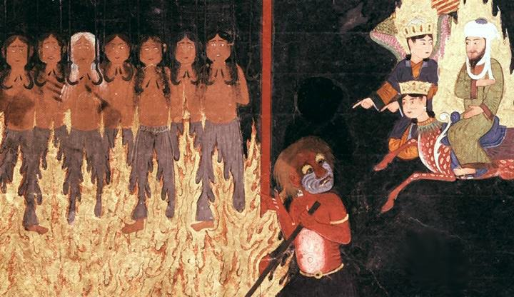 Prophet Muhammed, along with Buraq and Gabriel, visits Hell and sees demons punishing women for various transgressions by hanging them with hooks through their tongues and breasts in fire. Persian, 15th century.