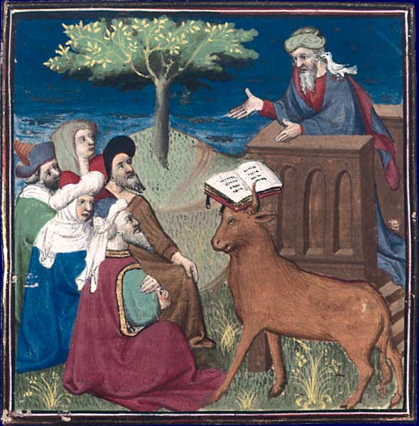 Muhammed preaching, Illustration ca. 1400-1425, taken from Boccaccio's De Casibus Virorum Illustrium (early 15th-century French translation by Laurent de Premierfait); drawn by the "Master of Rohan." The manuscript is currently in the Bibliothèque Nationale de France.