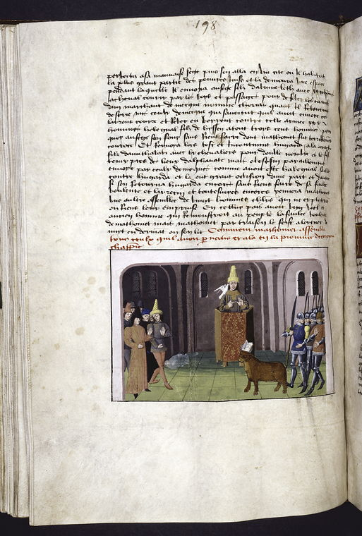 The handwritten manuscript known as the Chroniques Martiniennes, made in France in 1475, contains this miniature painting of Muhammed preaching while wearing European-style early Renaissance-era attire.Found here:  http://digitalcollections.nypl.org/items/510d47da-eb0c-a3d9-e040-e00a18064a99