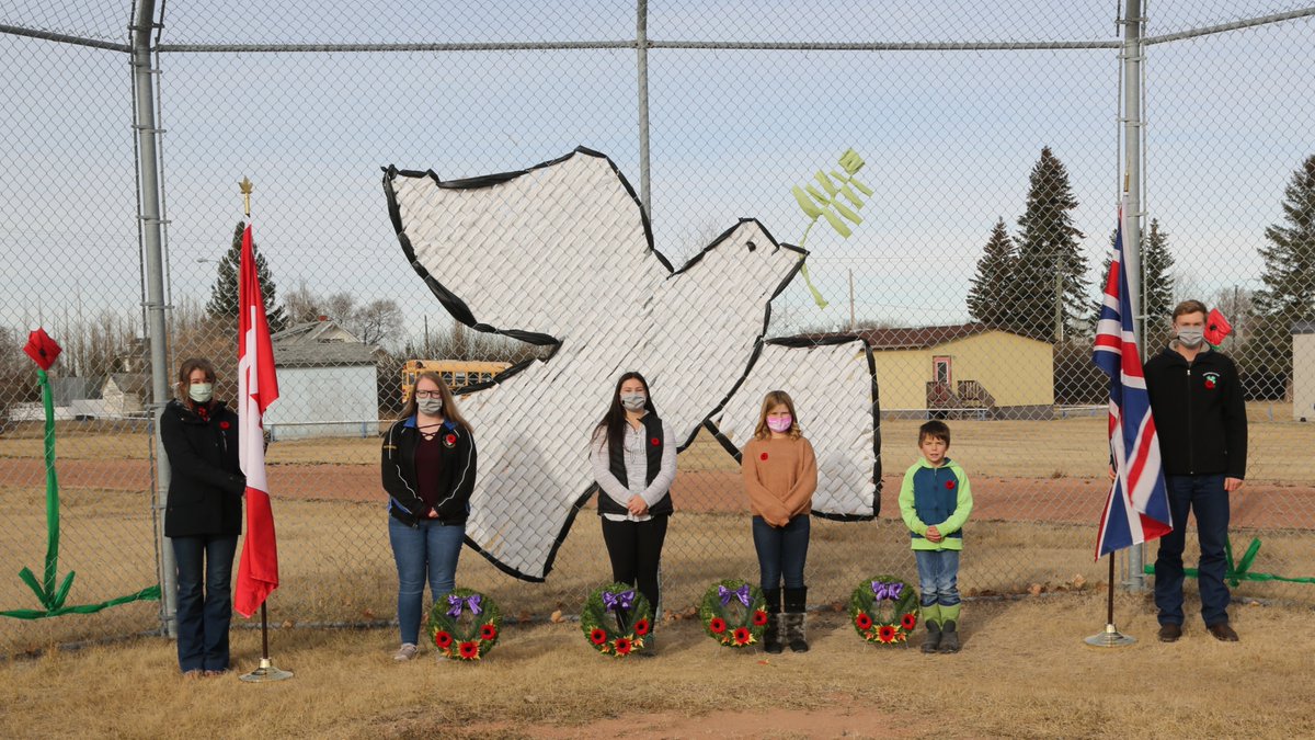 We held a Remembrance Day ceremony to honor &amp; thank those who have served &amp; are serving to keep us safe! Thank you to our flag bearers, those who laid wreaths &amp; the Gr. 7-9 art class for the beautiful fence art they created in remembrance &amp; hope, to be shared by all who pass by.