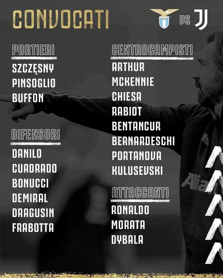 King kong Chiellini dipastikan absen melawan Lazio krn mengalami masalah pd  paha kaki kirinya.
Berikut ini pemain yg dibawa Om Pirlo ke Olimpico melawan elang ibukota.